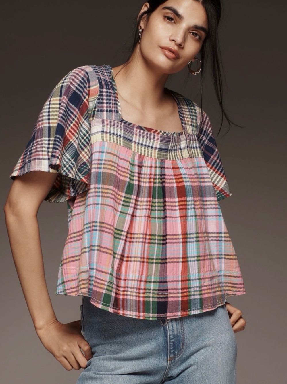 Pilcro Anthropologie Pink Plaid Madras Flutt Sleeve Raw Edge Sz S WORN ONCE